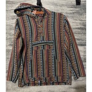Himalayan Shop Baja Drug Rug Hoodie Multicolor Striped Woven Pullover Mens M